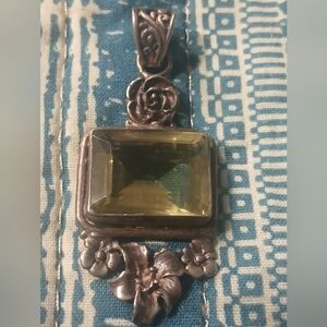 Vintage Antique 925 Sterling Silver Floral Cut Pendant Lrg. Citrine Sq. Gemstone